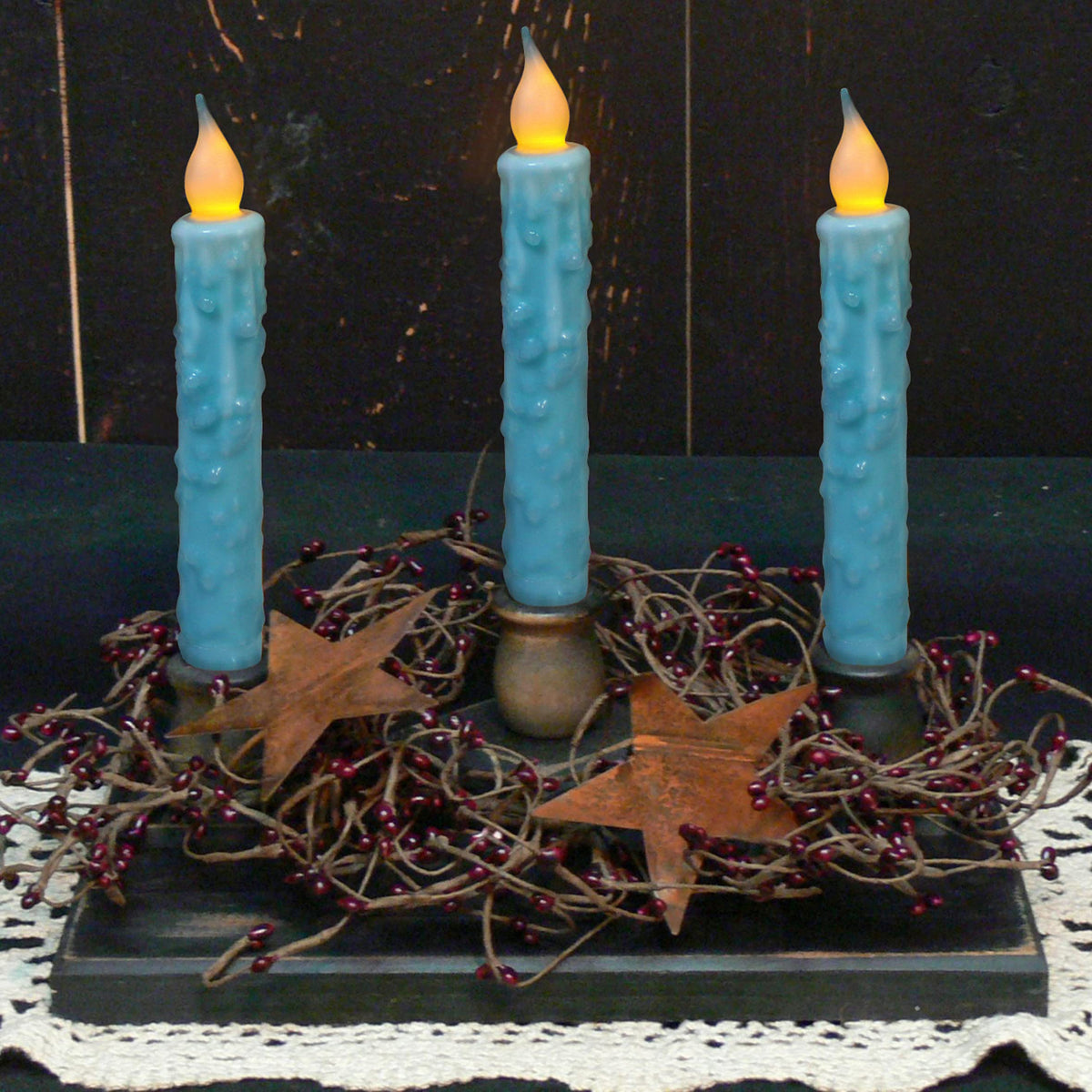 CVHOMEDECO. Real Wax Hand Dipped Battery Operated LED Timer Taper Candles Rustic Primitive Flameless Lights Decor, 6-3/4 Inch, Teal, 6 PCS in a Package