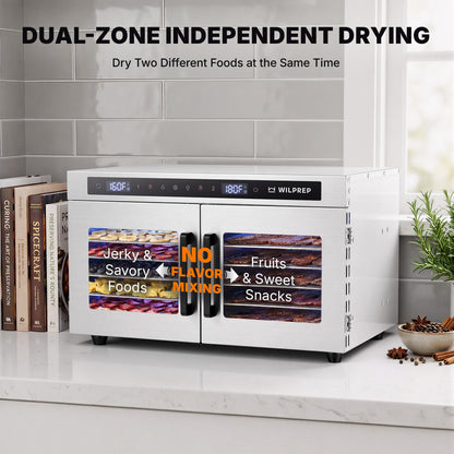 WILPREP Dual-Zone Food Dehydrator for Jerky, 12-Tray, 13 sq ft Food Dryer with Independent Control & 86–185°F Temp Range, Stainless Steel Dehydrator for Homemade Jerky Fruit Herbs Snacks