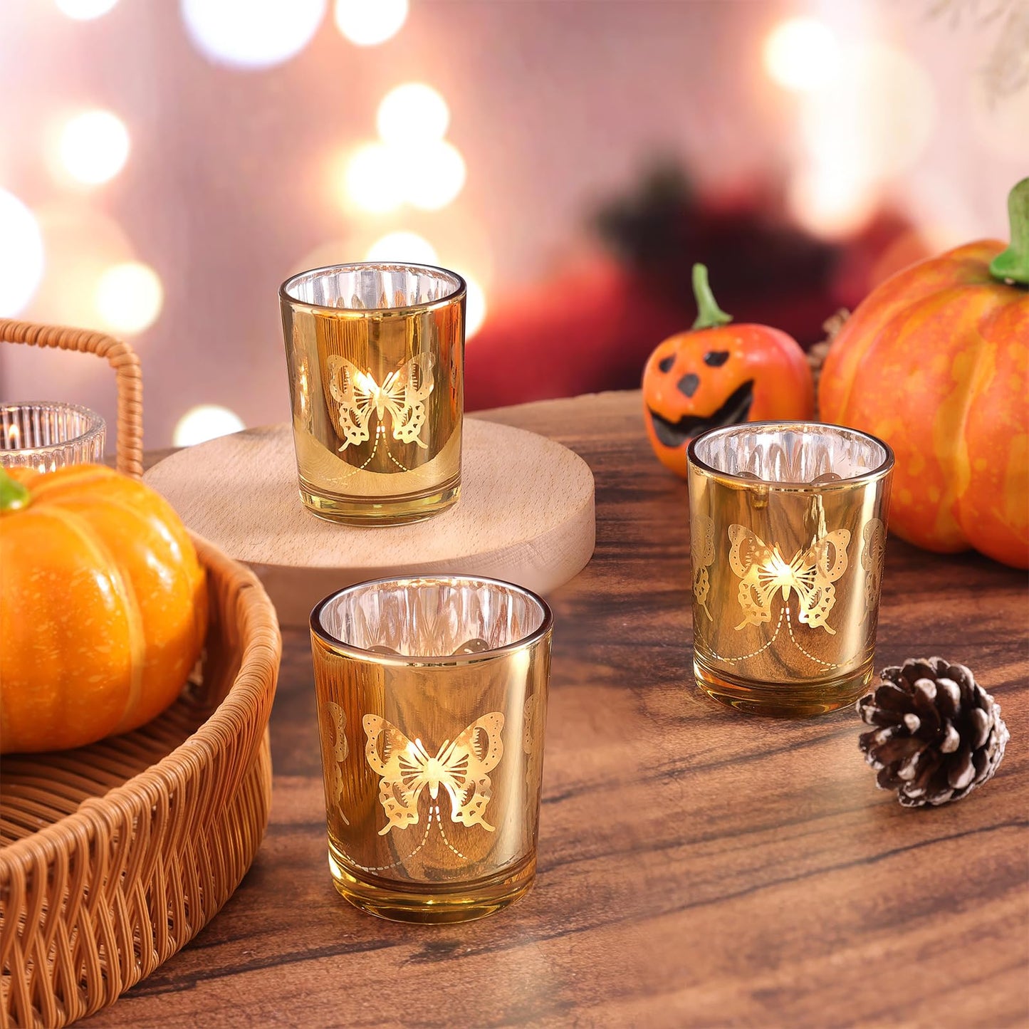 Gold Votive Candle Holders Set, 12 PCS Tea Lights Holder Decorative Bulk with Butterfly Pattern, Candle Holders for Wedding Table, Birthday, Home Decor, Party Supply