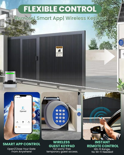 Spolehli 1300lb Sliding Gate Opener with Chain Drive & Solar Panel, WiFi/App & Keypad & Remote Control, Built-in Backup Battery & Infrared Safety Sensor - Complete Automatic Motor Kit for 40ft Gates