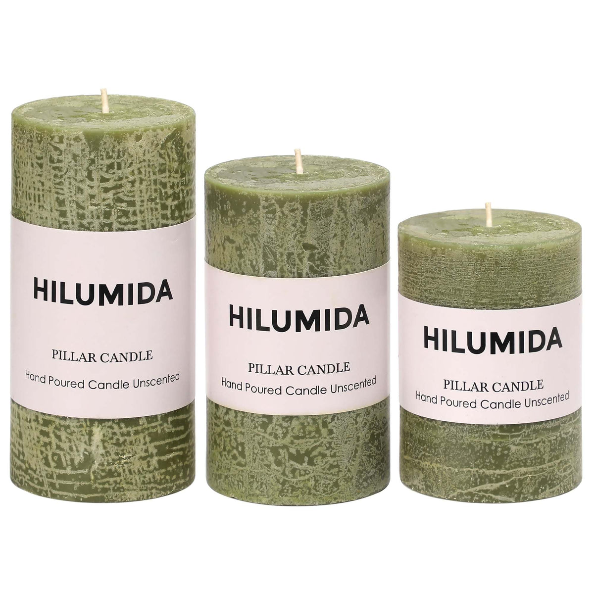 Moss Green Pillar Candles Set of 3 - Hand-Poured Unscented Candles,Smokeless Dripless Candles for Dinner Table and Home, Set of 3 in Different Sizes (3"x4", 3"x5", 3"x6")