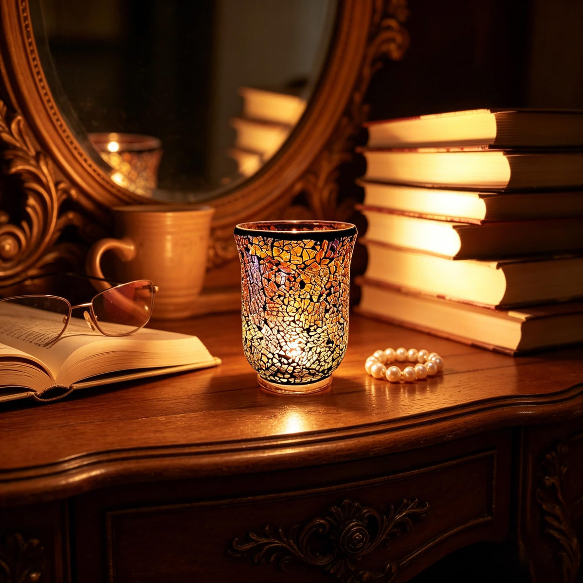 Glass Candlestick Romantic Mosaic Broken Candlelight Aromatherapy Candle Cup for Valentine's Day Christmas Thanksgiving Tables Center of Party Decorations(NO Candles)