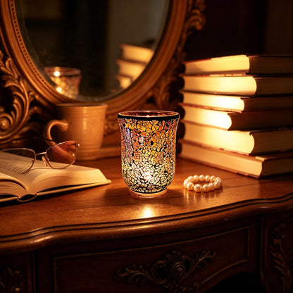 Glass Candlestick Romantic Mosaic Broken Candlelight Aromatherapy Candle Cup for Valentine's Day Christmas Thanksgiving Tables Center of Party Decorations(NO Candles)