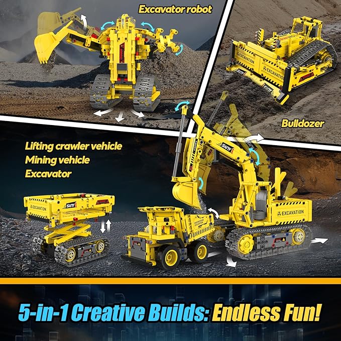 Robot Building Kits 5-in-1 Stem Toys for Boys Age 8-14 APP &amp Remote Control Excavator Kids Construction Toys Programmable Erector Sets Educational Robotic Kit Gifts for Girls Boys (555 PCS)
