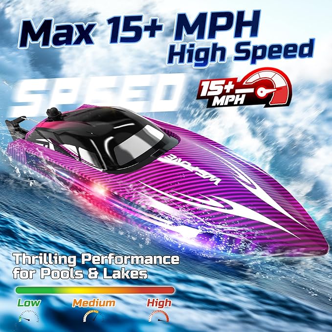 Remote Control Boat for Adults 25+ KMH Fast RC Speed Boat with LED Light for Kids Self-righting Demo WF17 Ideal Pools and Lakes Toys 2 Rechargeable Batteries for 30-40 Mins Purple