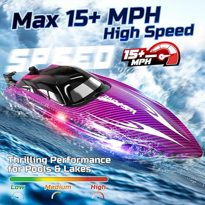 Remote Control Boat for Adults 25+ KMH Fast RC Speed Boat with LED Light for Kids Self-righting Demo WF17 Ideal Pools and Lakes Toys 2 Rechargeable Batteries for 30-40 Mins Purple