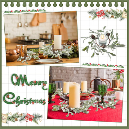 Skiennix Christmas Pillar Candle Rings - 6 Pieces Frosted Mistletoe Wreaths with Pearl Accents for Holiday Decor