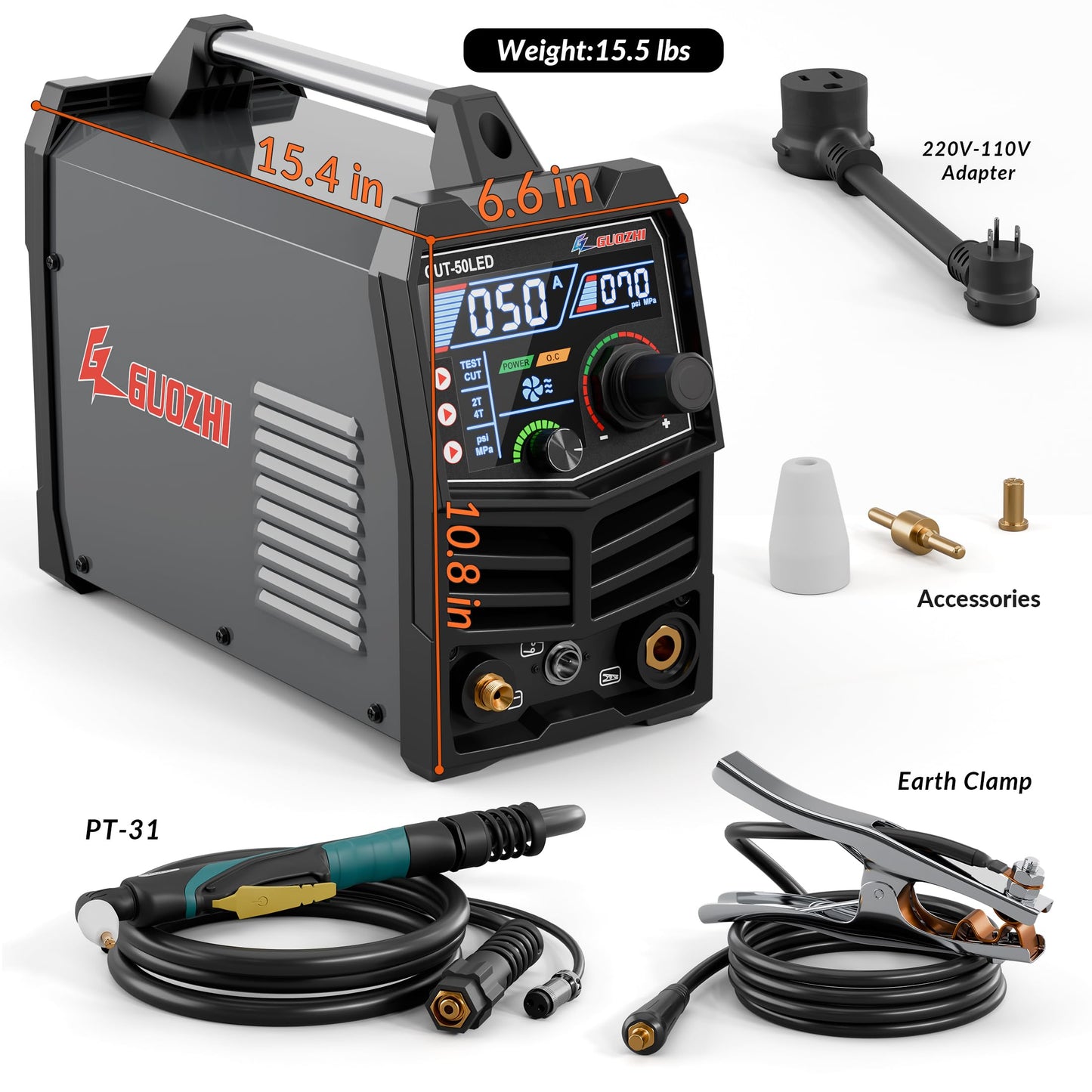 GZ GUOZHI Plasma Cutter, 50Amp 110/220V Dual Voltage IGBT Inverter Plasma Cutting Machine, [Pilot Arc][Large LED Display][Air Sensor] 1/4" Clean Cut 3/4" Max Cut, 2T/4T for Beginners DIY