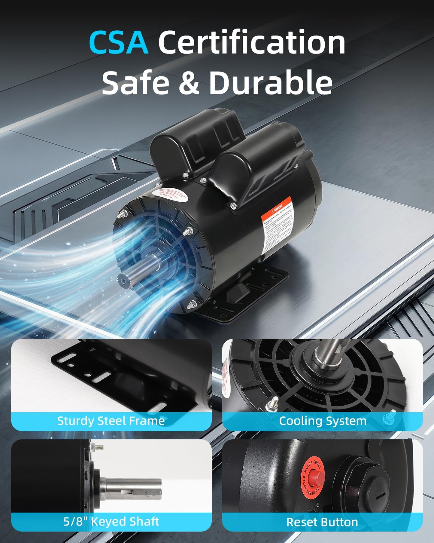 5HP SPL Air Compressor Electric Motor, 230V 17.6Amps, 56 Frame 3450RPM, 5/8“ Keyed Shaft, 1.88” Shaft Length, Single Phase, CW/CCW Rotation, Powerful Motor for General Equipment