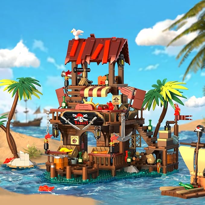 Viking Medieval Pirate's Bay Market Ship Wharf Building Set House Building Block Toy Medieval Architecture Bricks KitGift for Women or Adult 856pcs