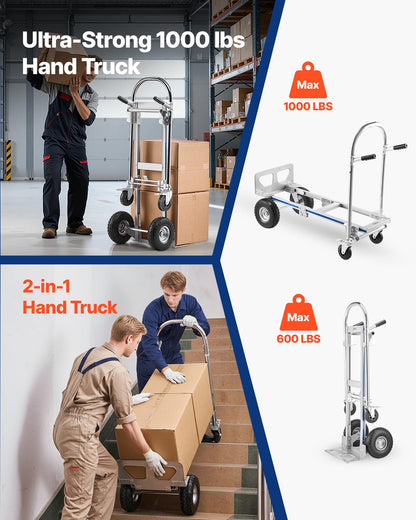 VEVOR 2 in 1 Hand Truck, 1000 lbs Load Capacity for 4-Wheel Mode, Convertible Hand Truck Dolly with Non-Slip Handle & Wheels, Portable Trolley Dolly for Moving Home, Office, Warehouse, Supermarket