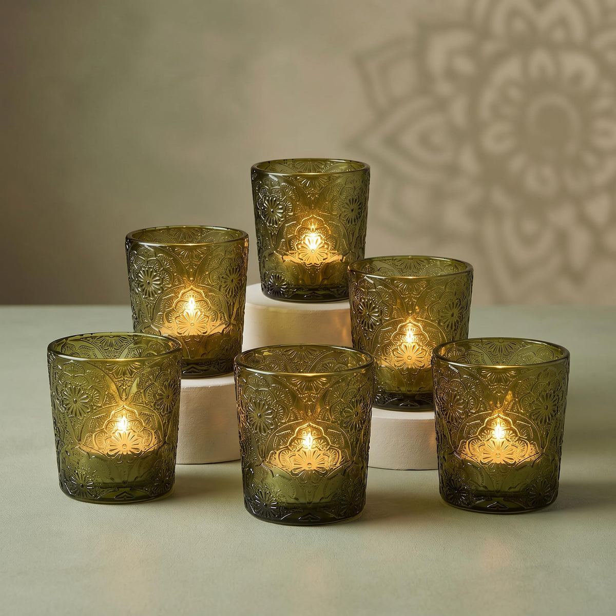 6 Pack Mandala Embossed Glass Candle Holders – Votive Tealight Holders with Patent Design, Decorative Embossed Glass Cups for Wedding Centerpieces, Parties, and Home Décor (Moss Green)