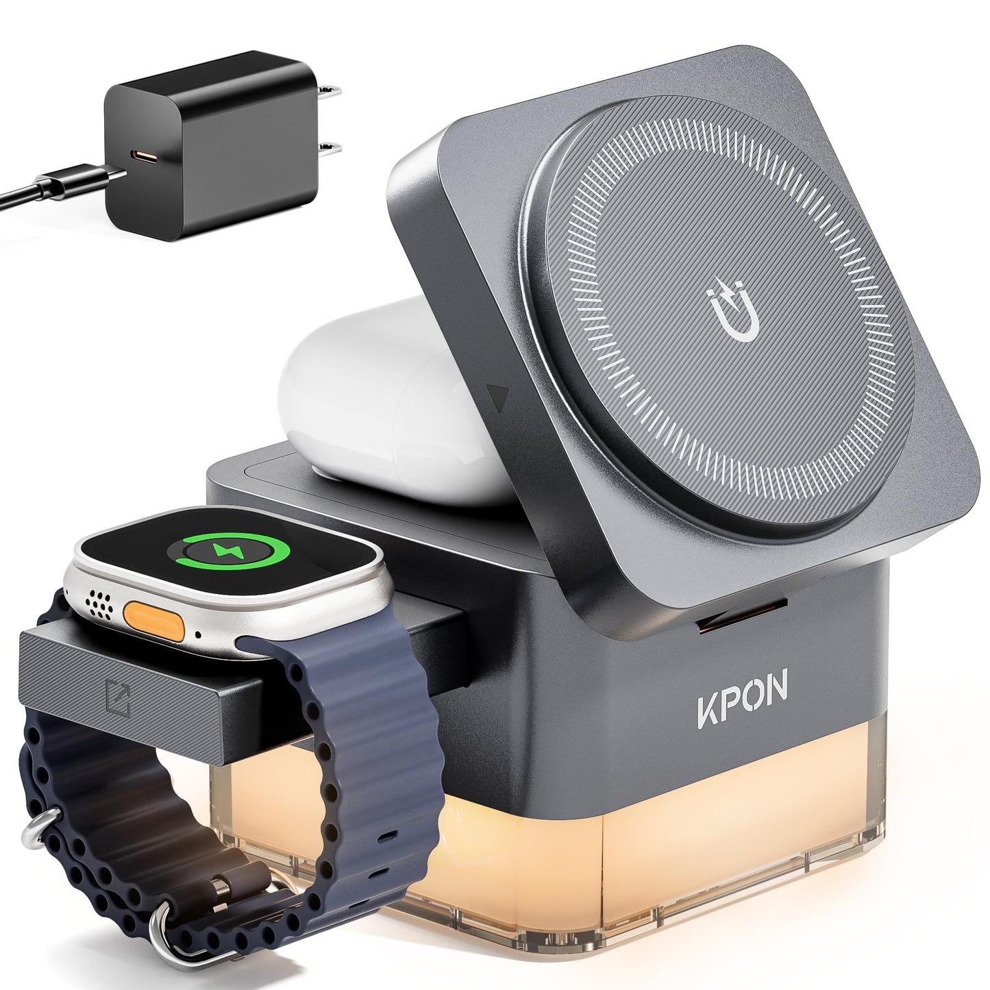 KPON for iPhone Nightstand Charging Station,15W 3 in 1 Wireless Phone Charger Stand with Night Lamp, Travel Foldable Magnetic Cube Magsafe Dock for iPhone 16 15 14 13 12 Series/Apple Watch/Airpods