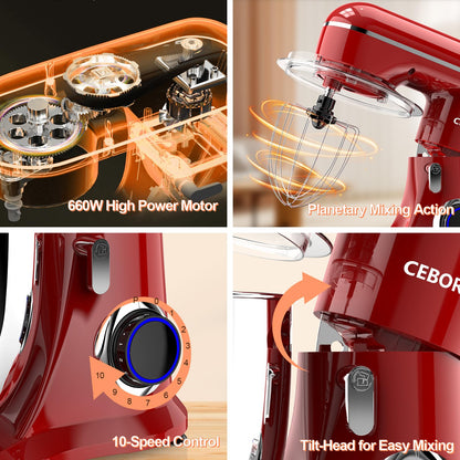 CEBORY 3-IN-1 Electric Stand Mixer, 6.5QT Bowl 660W 10-Speed Kitchen Mixer, Household Food Mixers include Dough Hook, Beater and Whisk, Bread Cake Mixer for Baking and Most Home Cooks, Red