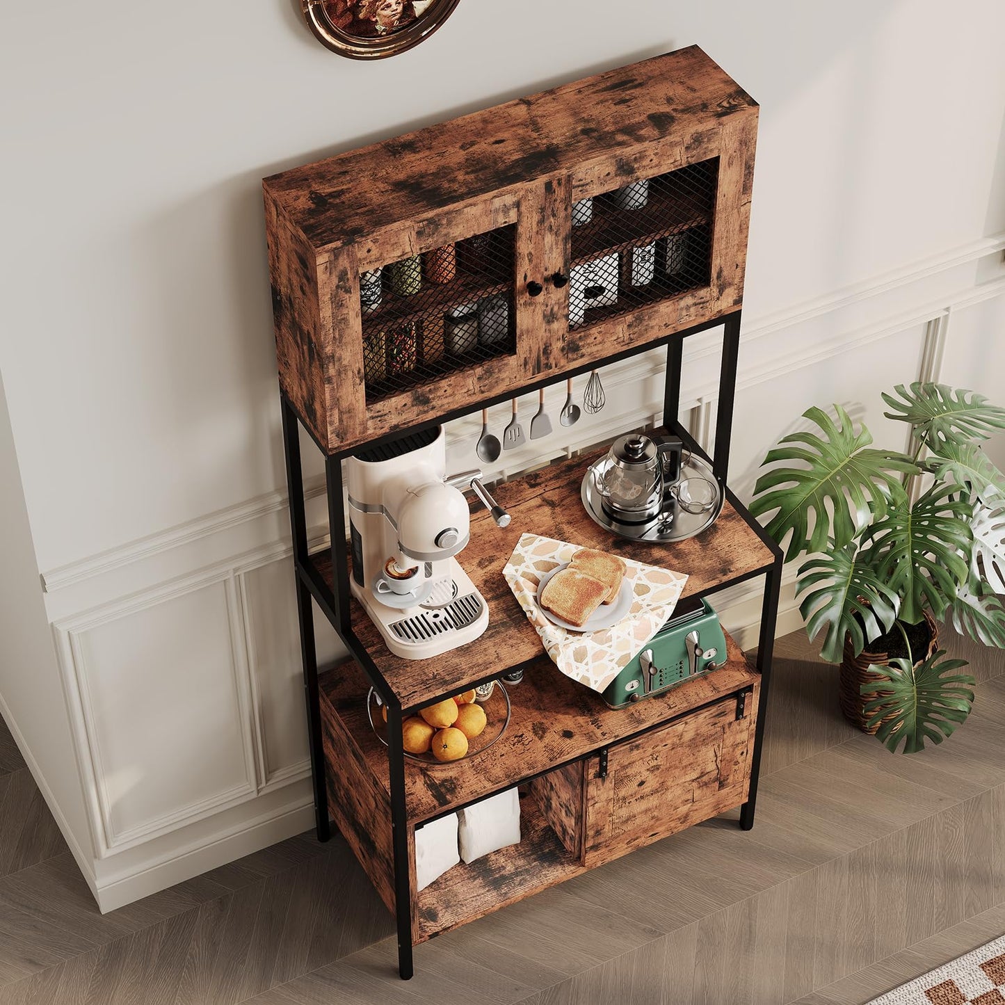 IDEALHOUSE 6 Tier Kitchen Backers Rack with Cabinets & Charging Station, 63 Inch Industrial Microwave Oven Stand, Freestanding Utility Shelves for Dining Room/Living Room/Apartments, Brown
