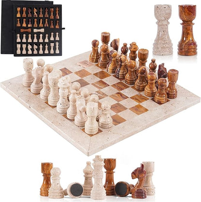 Marble Chess Set for Adults 12 Inch Handmade Travertine and Brown Board Game with Storage Box Classic Table Chess Set with Pieces &amp 2 Extra Queens Gifts &amp Home Décor