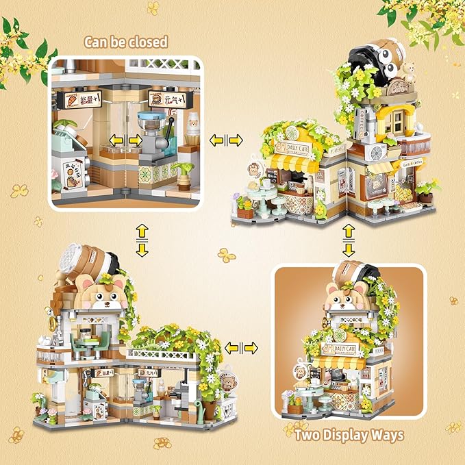 Street View Coffee Shop Mini Building Blocks MOC Creative Building Toys Cute Animals Building Set for Girls 6-12 Simulation Architecture Construction Toy Gift Idea for Kids Adults (1077 PCS)