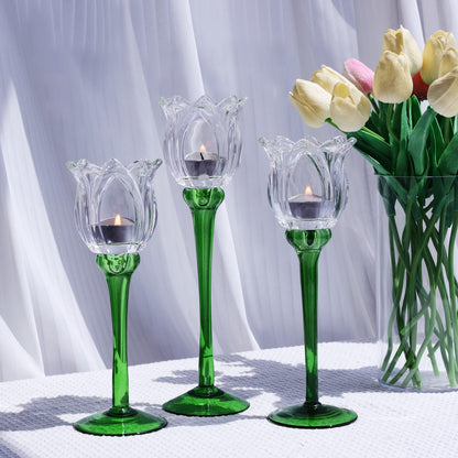 VOHO Tulips Glass Clear Candle Holder Decor for Home Living Room, 3pcs Varying Heights Tealight Candle Holder Wedding Centerpieces for Tables, White Flower Tall Votive Candle Holders Gifts for Friends