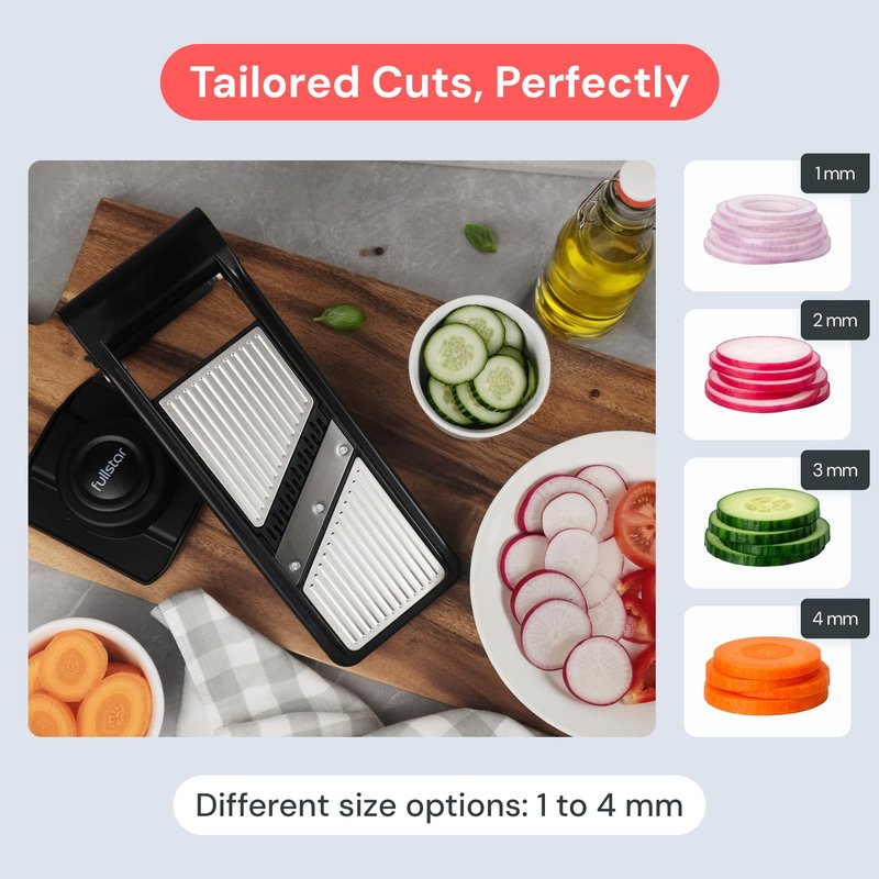 Fullstar Mandoline Slicer for Kitchen – Stainless Steel Vegetable Cutter & Cheese Grater with Adjustable Blades, Safety Glove & Catch Tray Included (7-in-1, Silver)