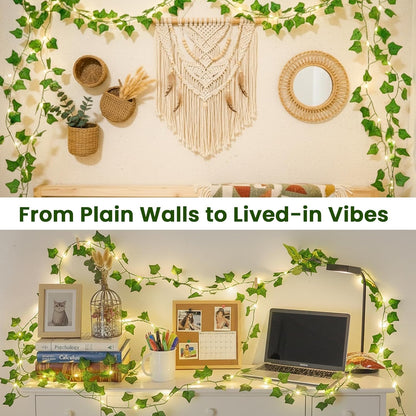 Skiennix Vine Leaf Fairy Lights - 23FT 73 LED Lighted Ivy Garland | Battery & USB Powered Warm White Decor