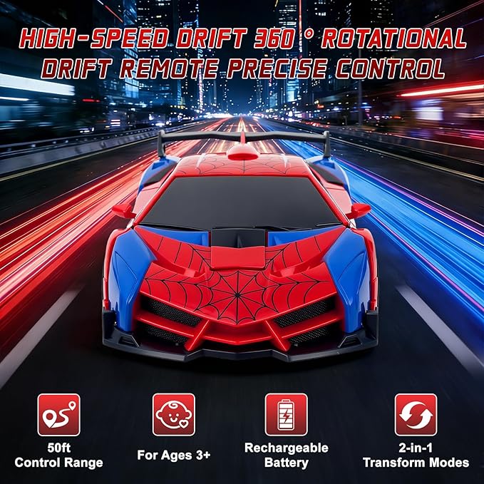 Spider Remote Control Car Toy for Boys 2.4Ghz RC Transform Robot 1:18 Scale One-Button Deformation 360°Rotation Car with Underbody Lights Gifts for Boys Ages 3 4 5 6 7 8 9 10 11 12