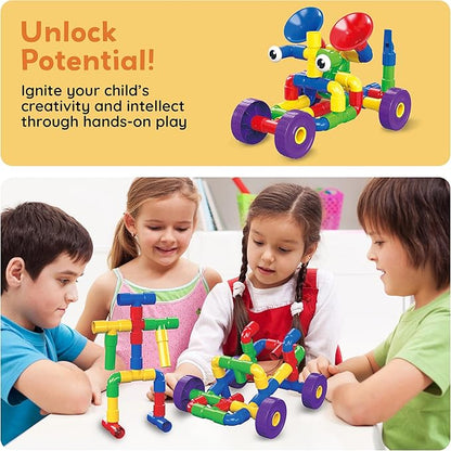 PicassoTiles PTT136 136pcs Tubular Pipes &amp Spout STEAM Interlocking Educational Building Block Set Tube Locks Pipeworks Construction Blocks w/Storage Container Box Idea Book Flute Musical Kit