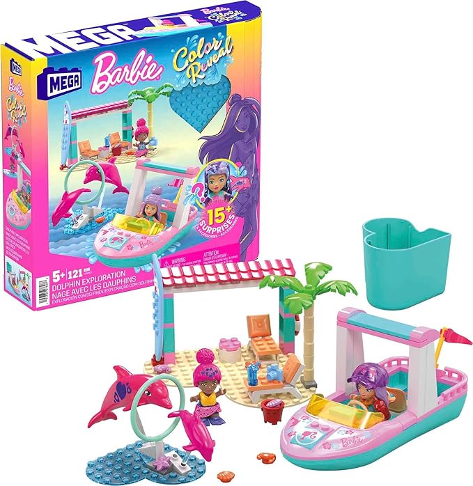 MEGA Barbie Color Reveal Dolphin Exploration Toy Building Set with 10+ Surprises 2 Micro-Dolls and 2 Dolphins Toy Gift Set for Girls and Boys Ages 5 and up