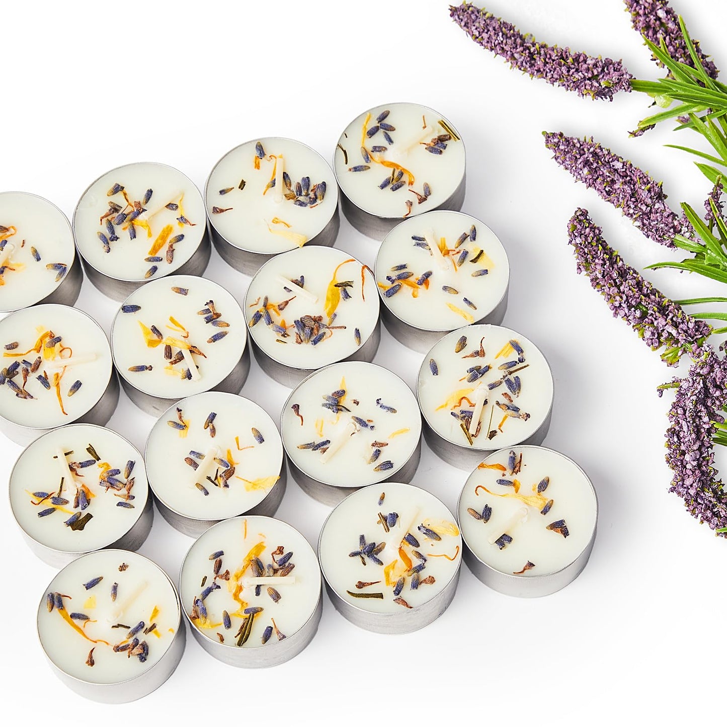 48 Pack Lavender Scented Tealight Candles with Real Petals, Natural Soy Wax 6H Burn Time, Non-Toxic Smokeless Scented for Bath, Wedding, Decor
