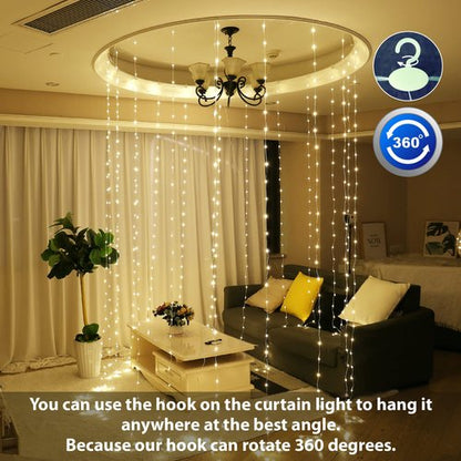 HXWEIYE 300LED Fairy Curtain Lights, 9.8x9.8Ft USB Plug-in 8 Modes Christmas String Hanging Lights with Remote for Bedroom Backdrop Wedding Indoor Wall Decor, Warm White, Tangle-Free – 1 Pack