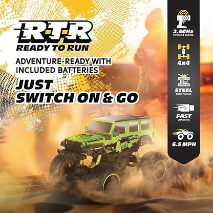 4WD Heavy Metal Remote Control Car Jeep Wrangler RC Truck Toy– 1:10 Scale 4-Door Stamped Metal Body 2.4GHz Control USB Rechargeable Ready to Run Green Great Gift