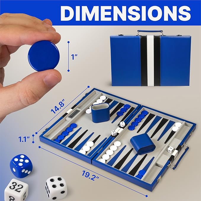 Backgammon Sets for Adults – 15-Inch PU Leather Board Game – Classic 2-Player Travel Backgammon Set with 32 Playing Pieces Dice and Cups