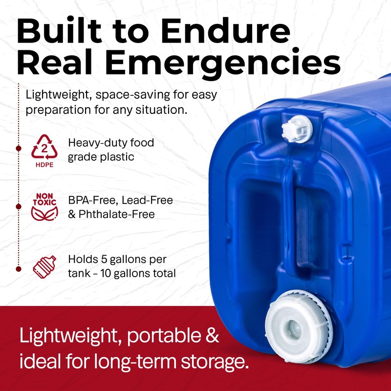 Legacy Food Storage Emergency Water Storage Containers, Long Term 5 Gallon Water Tank - 2 Stackable Food Grade Tanks Included, for Camping, Prepping, Survival - 10 Gallon Total Capacity