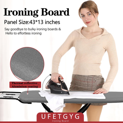 UFETGYG Ironing Board,13" X 43" W/with Iron Rest | Full Metal Construction| Height Adjustable | Heat & Scorch Resistant Fabric | Heavy Duty| Easy to Fold | Anti-Skid Feet |Grey