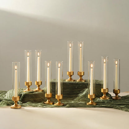 NUPTIO Hurricane Glass Candle Holder: Set of 10 Metal Taper Candle Holders with Sleeves - Gold Candlestick Holders Bulk for Outdoor Party Wedding Table Centerpiece Decoration