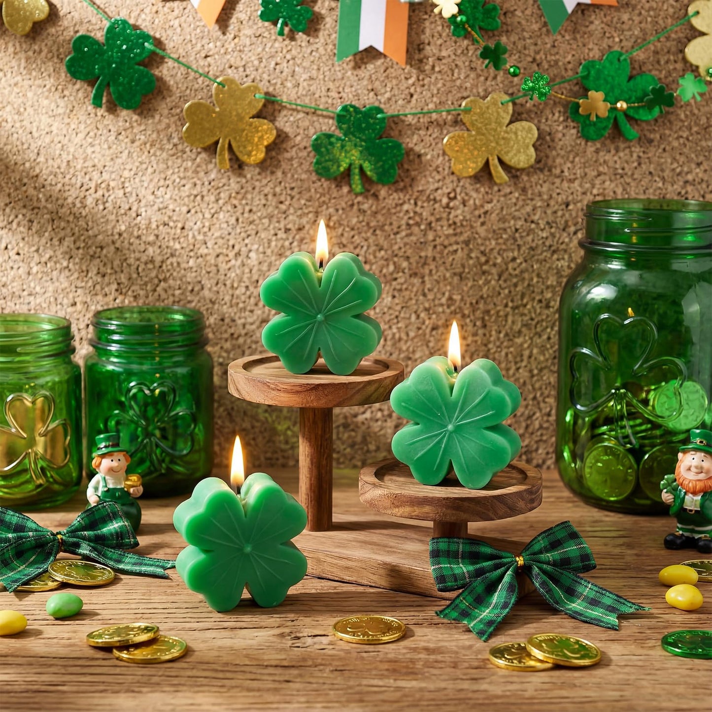 Lyrow 16 Pcs St. Patrick's Day Shamrock Candles 2 Inch Mini Clover Burning Candles Soy Wax for St. Patrick's Irish Day Decorations Home Table Centerpiece Decor