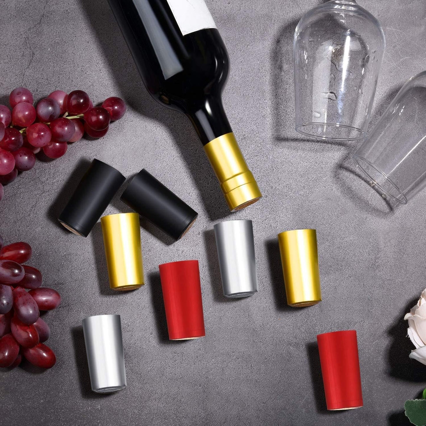 Blulu 200 Pcs Wine Sealer for Bottles PVC Heat Shrink Capsules Bottle Caps for Wine Making Cellars and Home Use (Black,Red,Gold,Silver)