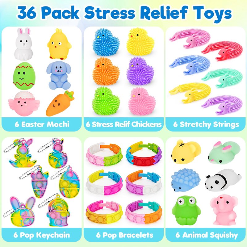 Jyusmile 36 Pack Prefilled Easter Eggs with Toys, Plastic Easter Eggs with Assorted Toys Inside, Surprise Eggs for Easter Hunt, Easter Basket Stuffers, Party Favors Bulk for Kids Boys Girls
