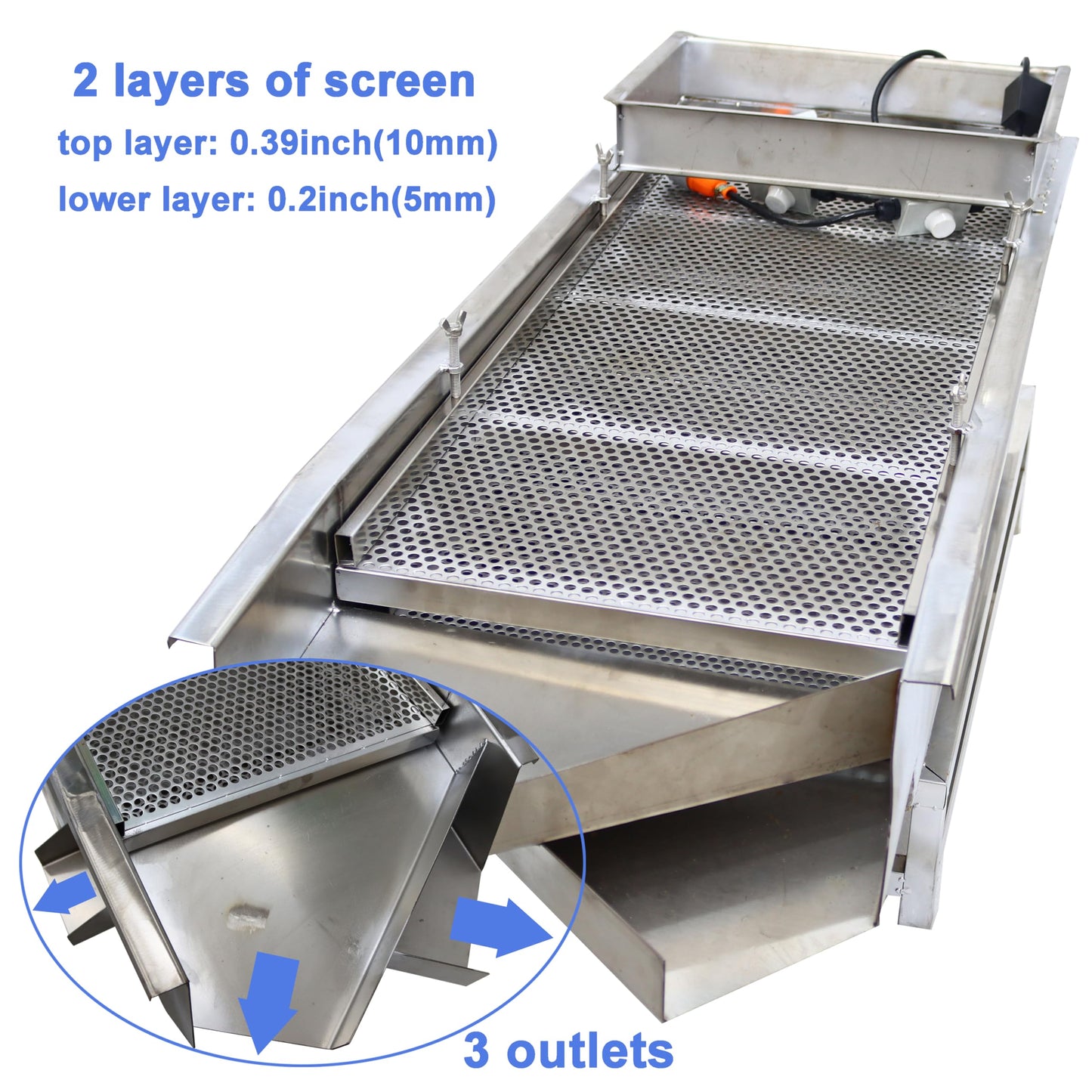 TECHTONGDA Straight Vibrating Sieve Screen Shaker Electric Linear Sifter Machine Stainless Steel Two Layers Two Motors 10mm 5mm Screen Size 15.7×37.4inch 110V