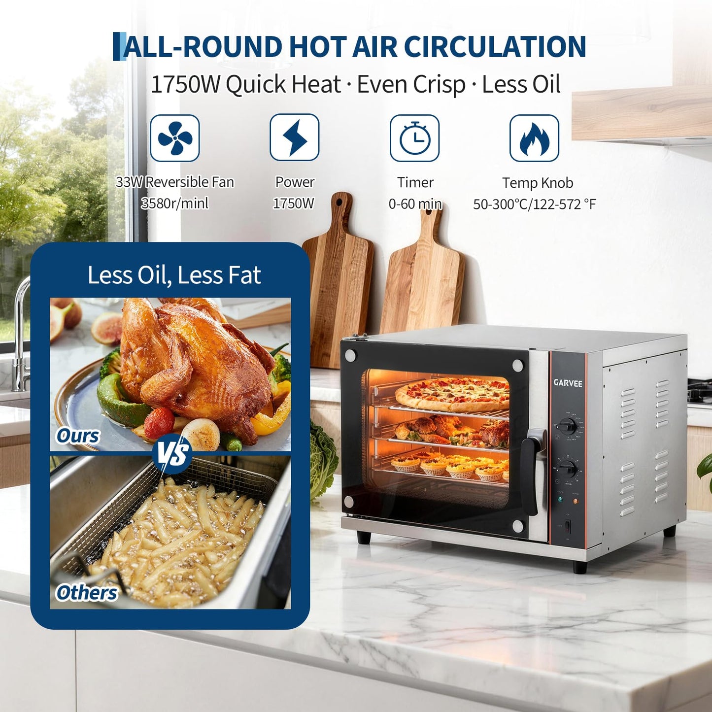 Commercial Countertop Convection Oven, 68L /60Qt 4-Tier Toaster Air Fryer, Stainless Steel Baking Roaster with Front Glass Door, 1440W, 30°c-300°c, Trays, Wire Racks, US Plug, 1.5m Cord, YS-CCO-120