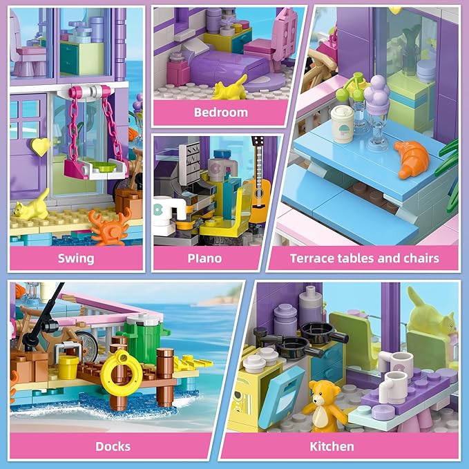3 in 1 Pink Girls Beach House Building Set with Light Seaside Villa Friends Building Toys Compatible with Lego Friends Construction Educational Toy for Adults &amp 14+ (961 PCS)