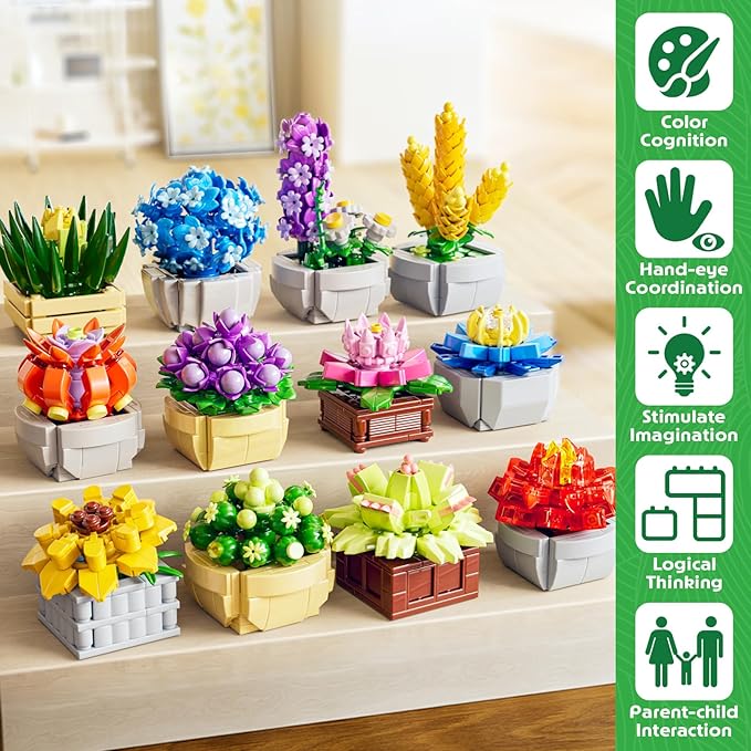 12 Succulents Building Set for Adults &amp Kids 10+ – Botanical Collection Artificial Plants with Pots Easter Birthday for Women Home Office Decor Relaxing DIY Kit(1174 PCS)