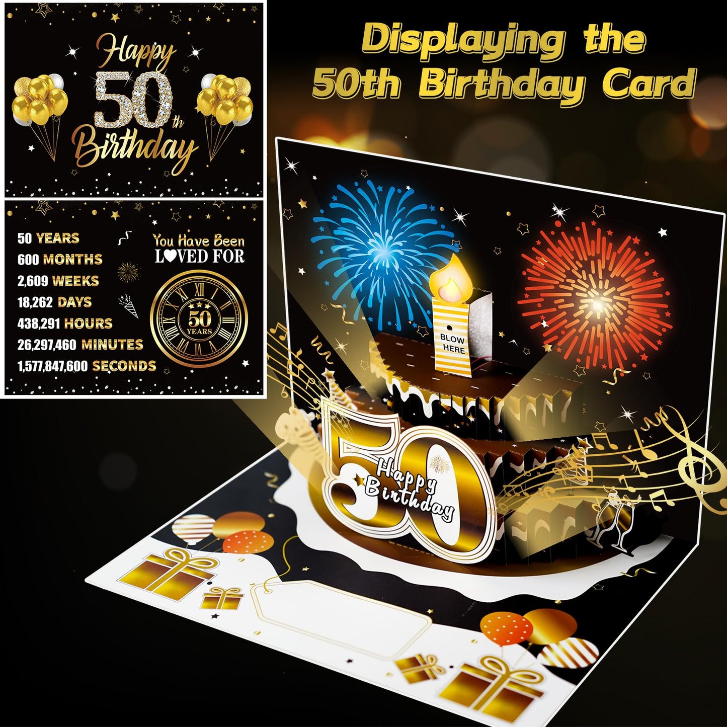 Turypaty 50th Birthday Cards Pop Up 3D Cake - Firework & Music & Blow Out Candle Light Funny Happy 50 Black Gold Birthday Card Gifts for Men, Women, Friends, Boyfriend, Dad, Mom, Husband, Wife
