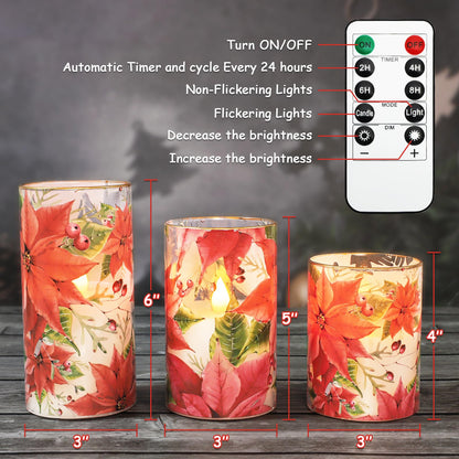 Crystal Club Red Poinsettia Christmas Flameless Candles with Remote, Battery Operated LED Pillar Candles, Real Wax & Glass 3D Flickering Flame Holiday Decor for Christmas, Mantel, Gift (Set of 3)