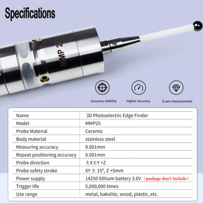 XUNKUNER MMP25 3D Photoelectric Touch Probe Edge Finder, 0.001mm High Accuracy, Ceramic Probe, XYZ Axis Centering Rod Trigger Sensor for CNC Lathe Milling Machine