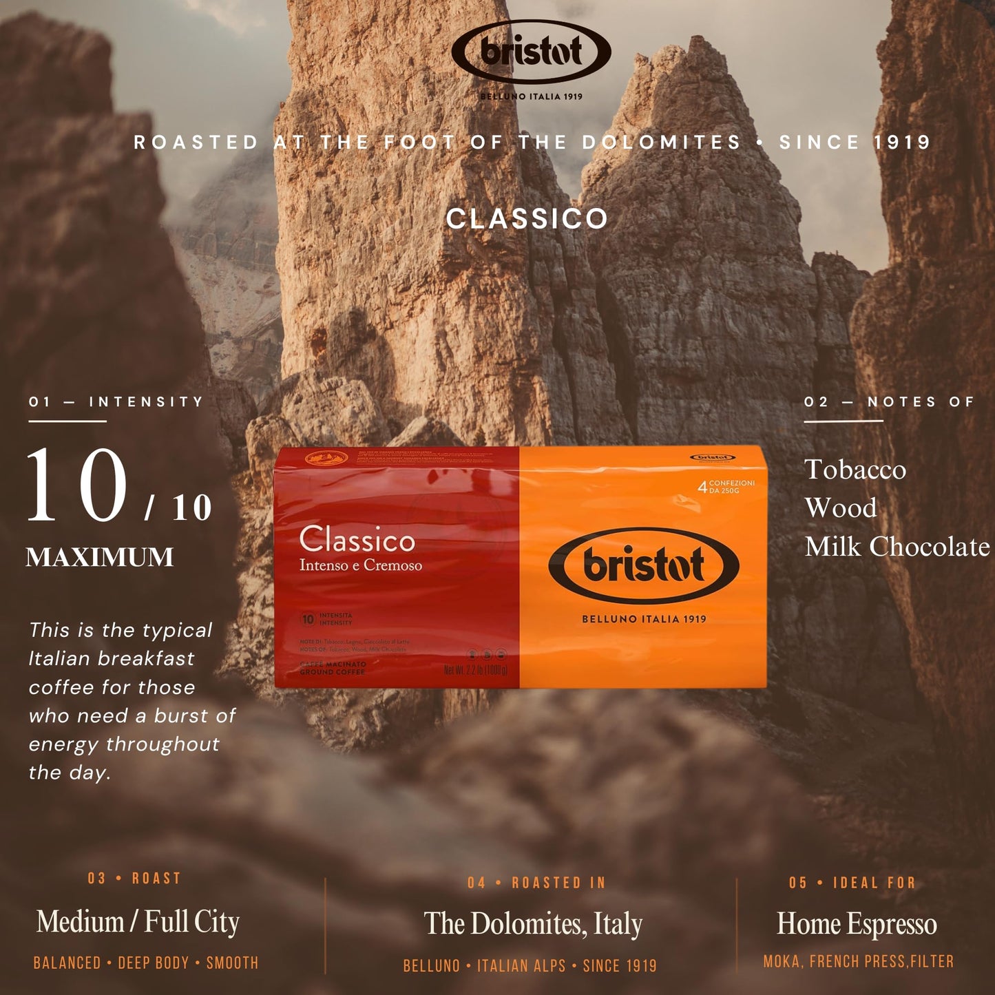 Bristot Classico Italian Breakfast Ground Espresso – Medium Roast Coffee – Intense & Creamy Flavor – 4-Pack (250g Each, 2.2lb Total) – For Moka, French Press & Pour Over – Roasted in Italy