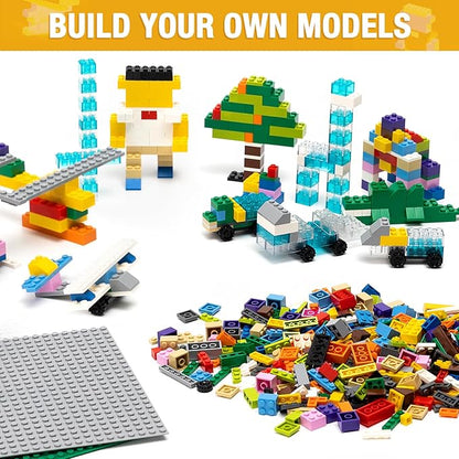 1600 Pieces Building Bricks Building Bulk Block with 2 Packs 24x24 Studs Sticky Plate and 46PCS Wheel Accessory - Compatible with All Major Bricks Gfits for Kid - 18 Shape/16 Colo