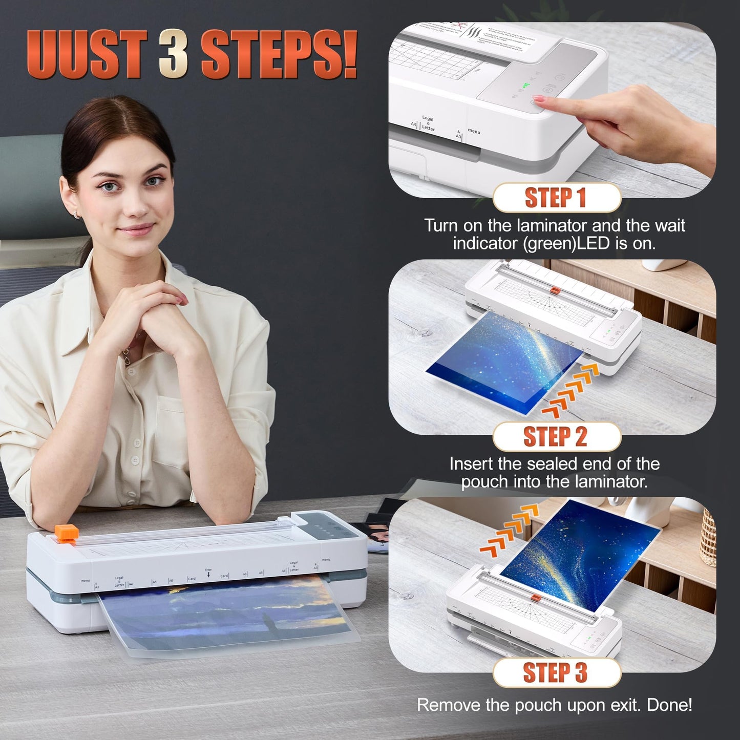 13" 4-Roller Commercial Laminator Machine, Fast 55s Warm-Up&1000mm/min Laminating Speed for Laminating 11x17&A3 Size,Includes 30 Sheets for Office,School(White)