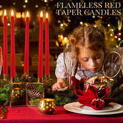 Macarrie 24 Packs Flameless Taper Candles Battery Operated Fake 11 Inch Long Candlelight LED Flameless Candlesticks Flickering Tapered for Spring Summer Wedding(Red)