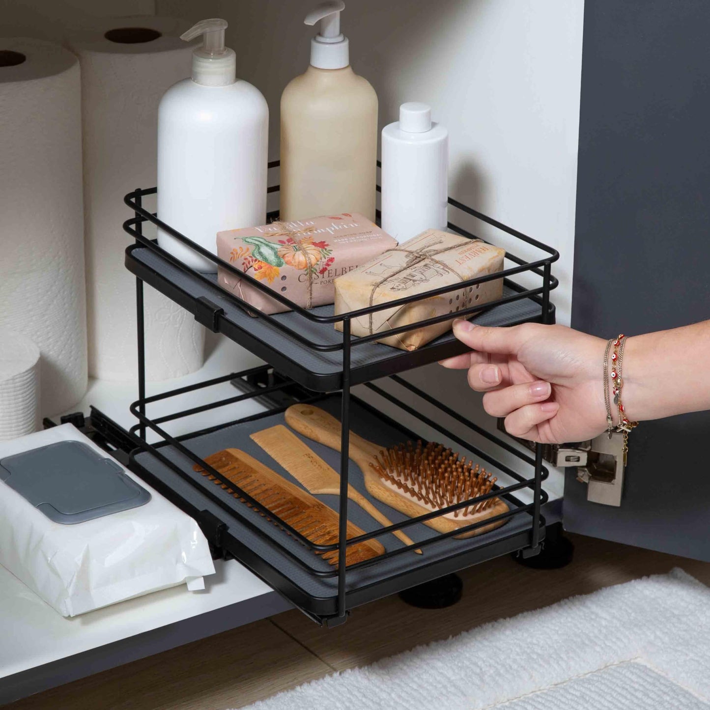Organize It All Slide Out Shelf Organizer| Dimensions: 8"x 10.2"x 9"| Space Saver | Easy Glide Mechanism | Black.