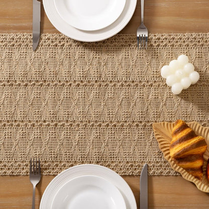 Socomi Boho Table Runner Summer Farmhouse Burlap Jute Bamboo Rustic Dining Kitchen Centerpiece Decor Small Macrame Woven Coffee Table Runner for Dresser Scarf Home Decor 12x72 inch